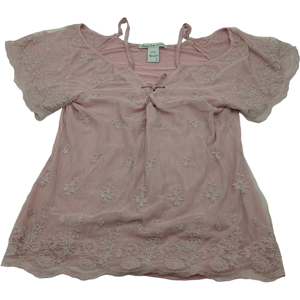 American Rag Cie Pink Lace Mesh Cold Shoulder Blouse G2Q3471AR Large